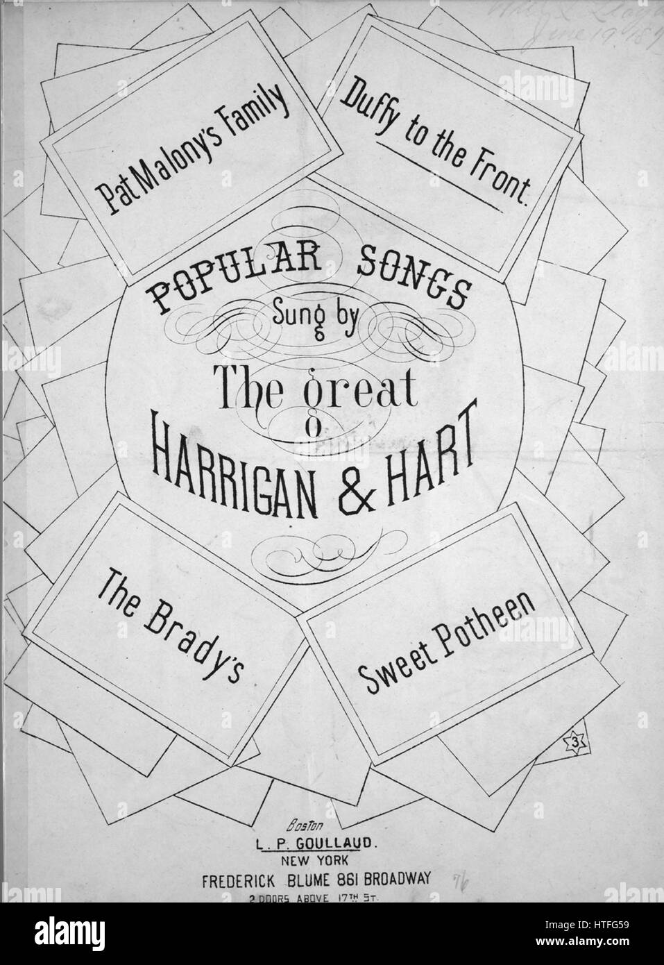 Foglio di musica immagine copertina della canzone 'popolari canzoni cantate dal grande Harrigan e Hart Duffy alla parte anteriore', con paternitã originale lettura delle note "parole di Edward Harrigan musiche di Dave Braham', Stati Uniti, 1876. L'editore è elencato come 'L.P. Goullaud', la forma della composizione è 'strofico con chorus', la strumentazione è 'pianoforte e voce", la prima linea recita "Cornelius Duffy, al popolo la scelta, un sostanziale, solido man', e l'illustrazione artista è elencato come 'Nessuno'. Foto Stock