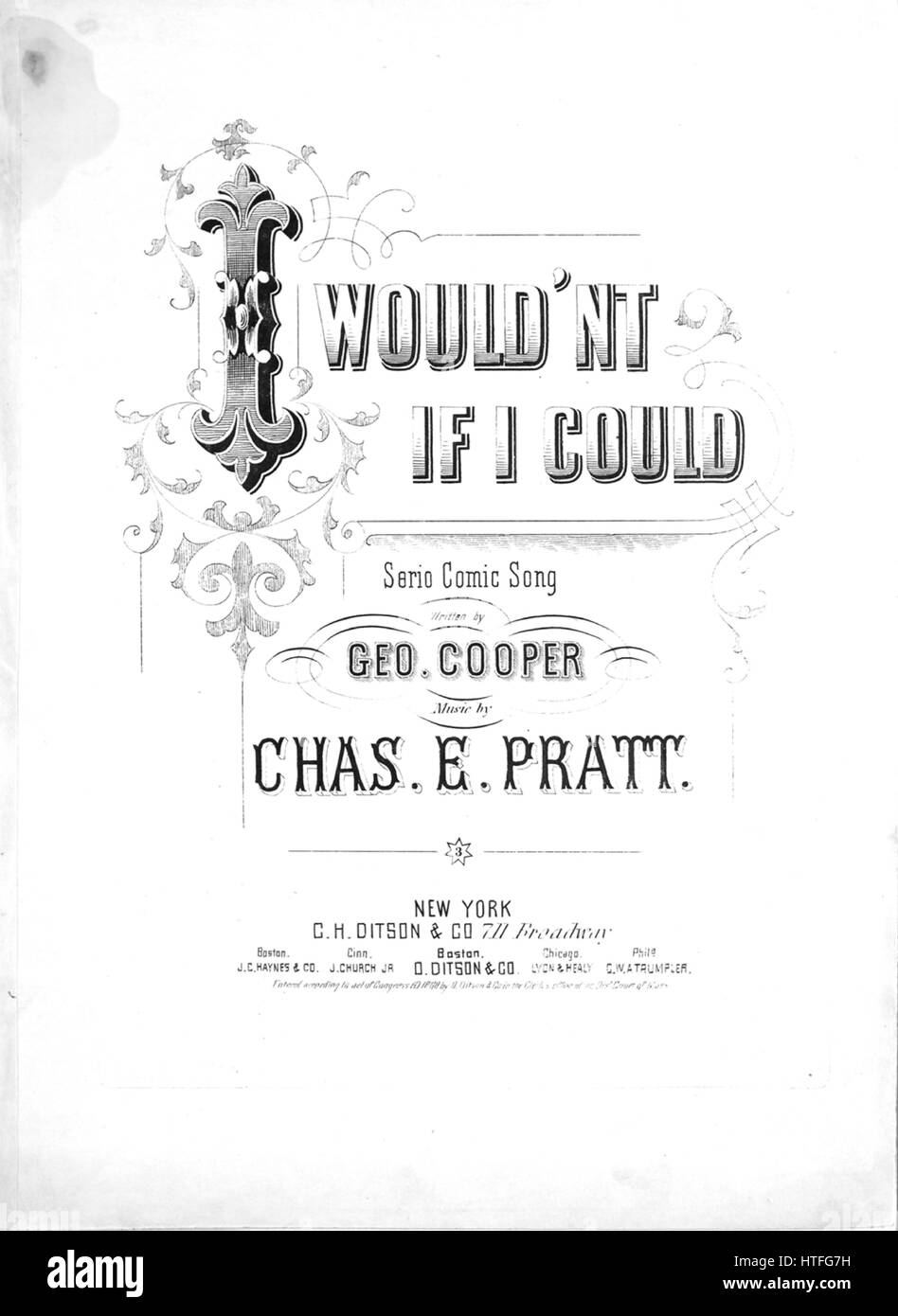 Foglio di musica immagine copertina della canzone 'Vorrei'nt se ho potuto Serio Comic Song', con paternitã originale lettura delle note " scritto da Geo Cooper musiche di Chas e Pratt', Stati Uniti, 1868. L'editore è elencato come 'C.H. Ditson e Co., 711 Broadway', la forma della composizione è 'strofico con chorus', la strumentazione è 'pianoforte e voce", la prima riga indica 'wander I'd da frondosi lane, il sole stava per tramontare', e l'illustrazione artista è elencato come 'Nessuno'. Foto Stock