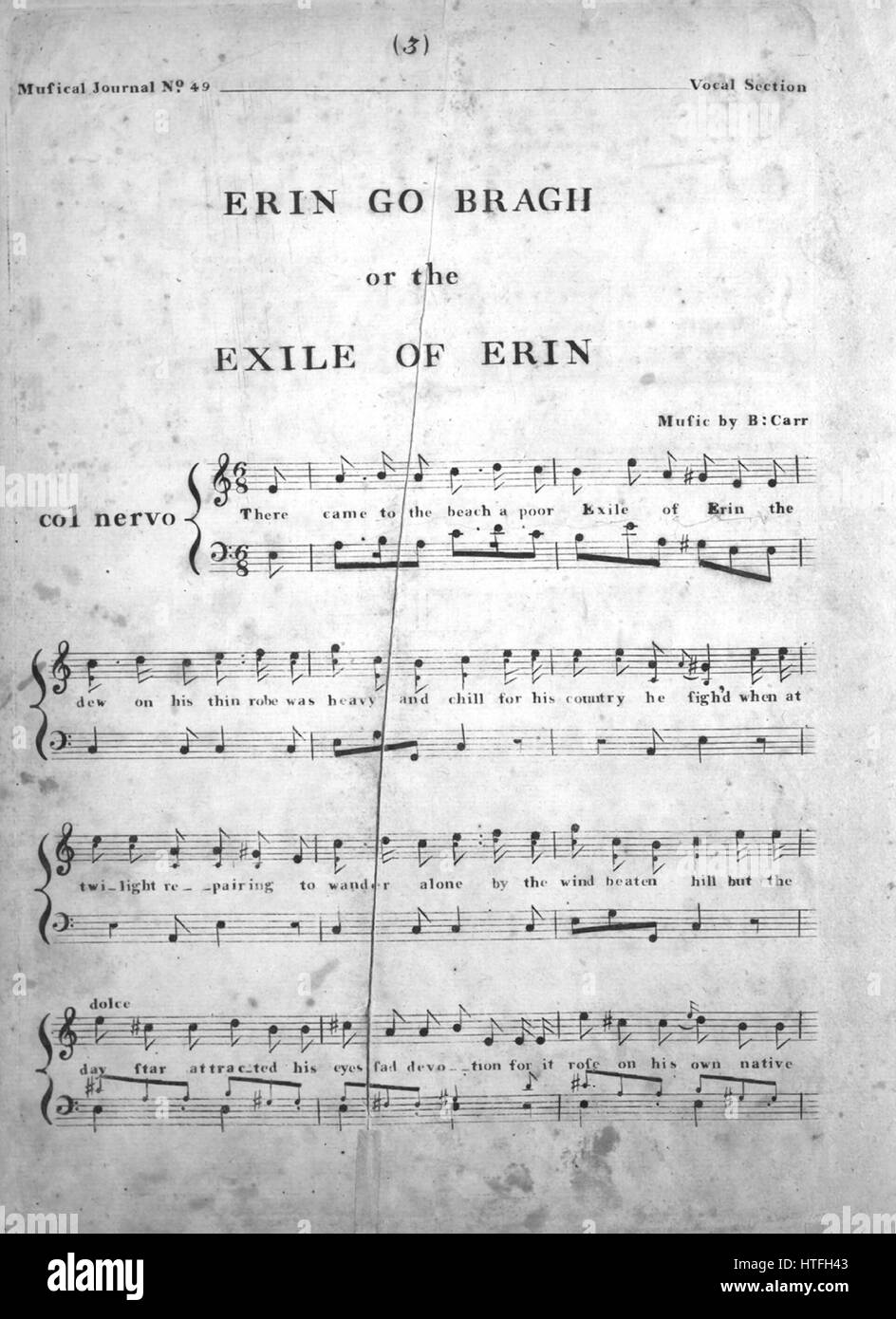 Foglio di musica immagine copertina della canzone "Erin Go Bragh o,  l'esilio di Erin', con paternitã originale lettura delle note di 'Musica da  B Carr', Stati Uniti, 1900. L'editore è elencato come '