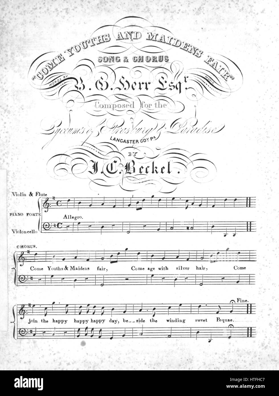 Foglio di musica immagine copertina della canzone ''provengono i giovani e fanciulle Fair' Song e coro", con paternitã originale lettura delle note "Parole da B G Herr, Esqr composta per la Lyceums di Strasburgo e il paradiso, Lancaster Co, Pa, da JC Beckel', 1900. L'editore è elencato come 'n.p.', la forma della composizione è 'strofico con chorus', la strumentazione è 'pianoforte e voce", la prima linea recita "Venite a giovani e fanciulle fair, vieni età con capelli d'argento", e l'illustrazione artista è elencato come 'Nessuno'. Foto Stock