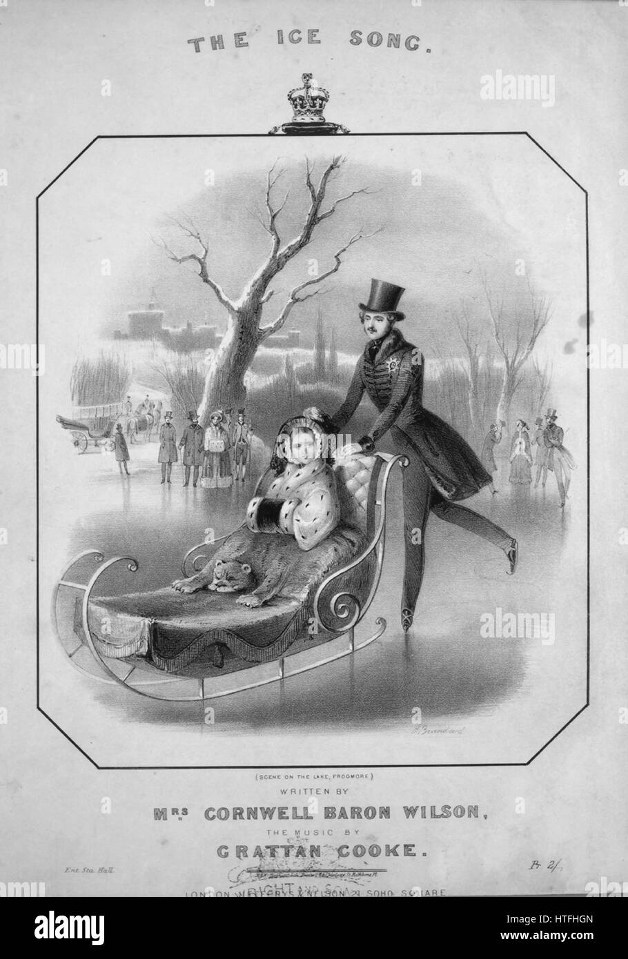 Spartiti immagine di copertina della canzone 'The Ice Song', con note di autore originali con la lettura 'scritto da Mrs Cornwell Baron Wilson The Music di Grattan Cooke', Regno Unito, 1898. L'editore è elencato come 'Jefferys e Nelson, 21 Soho Square', la forma di composizione è 'strofico', la strumentazione è 'piano e voce', la prima riga dice 'o'er il frostchain'd chrystal [sic] acqua vedere il grazioso skater move', e l'artista di illustrazione è elencato come 'J. Brandard [Scene sul lago, Frogmore]; M e N Hanhart Lith. Printer, 64 Charlotte St., Rathbone Pl.'. Foto Stock