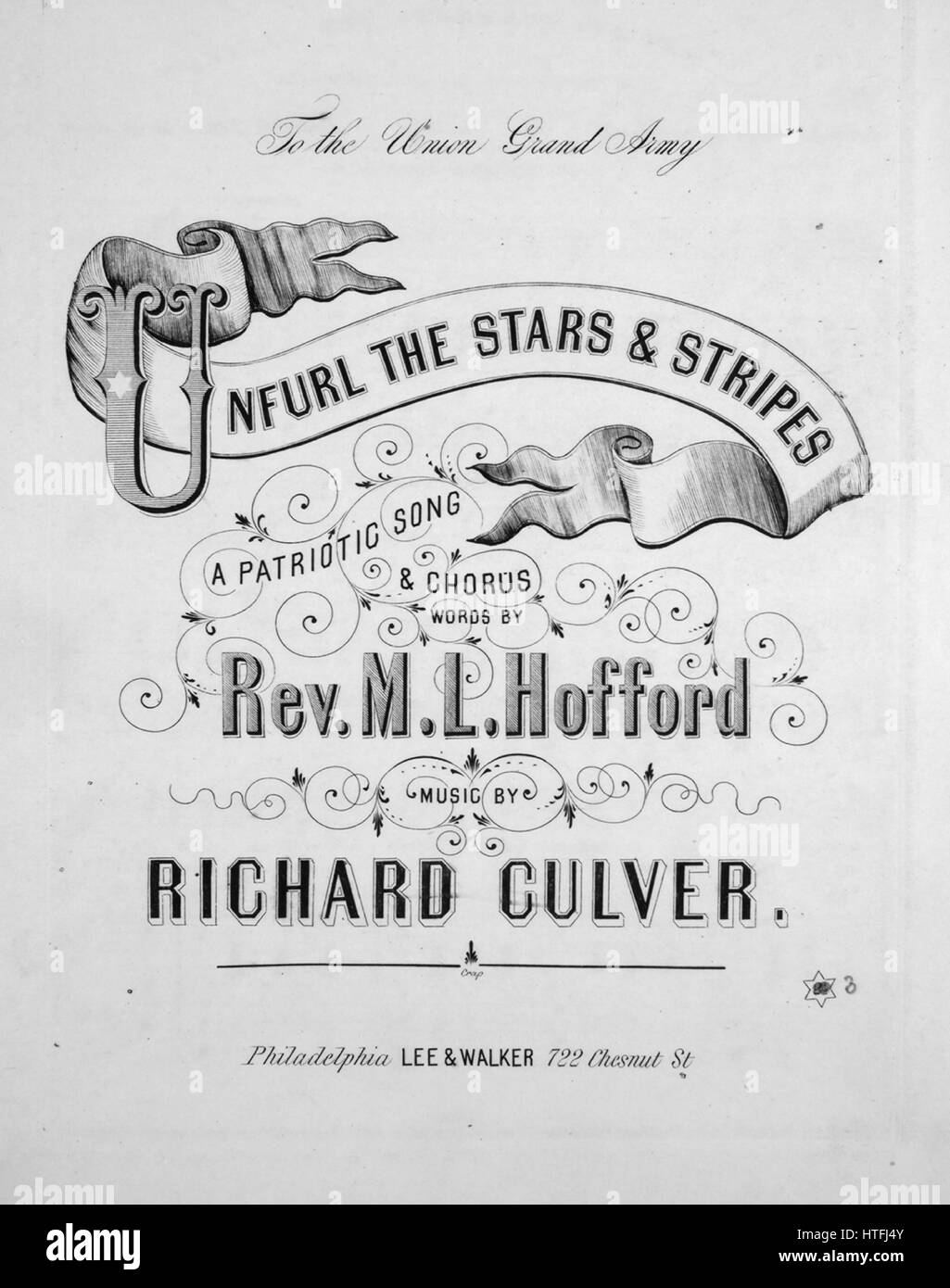 Foglio di musica immagine copertina della canzone 'ne spiegherà le stelle e strisce una canzone patriottica e Chorus', con paternitã originale lettura delle note "parole di Don ML Hofford Musica di Richard Culver', Stati Uniti, 1862. L'editore è elencato come 'Lee e Walker, 722 Chesnut Sant', la forma della composizione è 'strofico con chorus', la strumentazione è 'pianoforte e voce", la prima riga indica 'ne spiegherà le stelle e strisce, il banner del libero!", e l'illustrazione artista è elencato come 'Nessuno'. Foto Stock