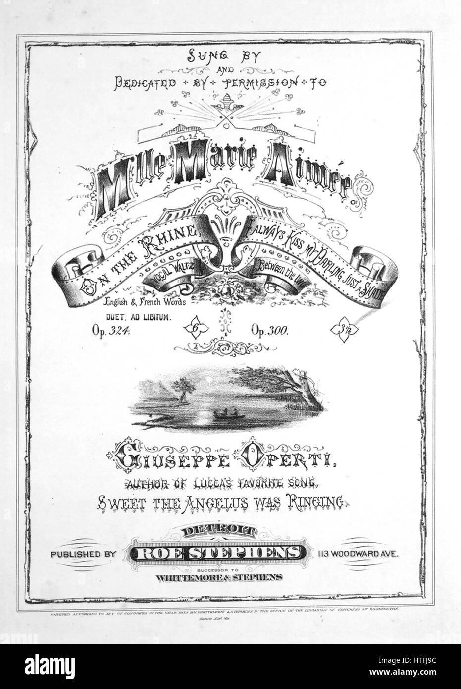 Foglio di musica immagine copertina della canzone "Ho sempre Kiss My Darling appena una sfumatura tra i due canti e danze', con paternitã originale lettura delle note di 'Musica da G Operti', 1875. L'editore è elencato come 'Roe Stephens, successore di Whittemore e Stephens', la forma della composizione è 'strofico con chorus (con intermezzo di danza)', la strumentazione è 'pianoforte e voce", la prima riga indica 'Il bacio è ma una cosa irrisoria, ma cose insignificanti sono dolci", e l'illustrazione artista è elencato come 'Detroit Lith. Co.; J.W. Armstrong, musica tipografo, N.E. Cor. Boschi di castagno e di Quinto Sts., Philadelphia Foto Stock
