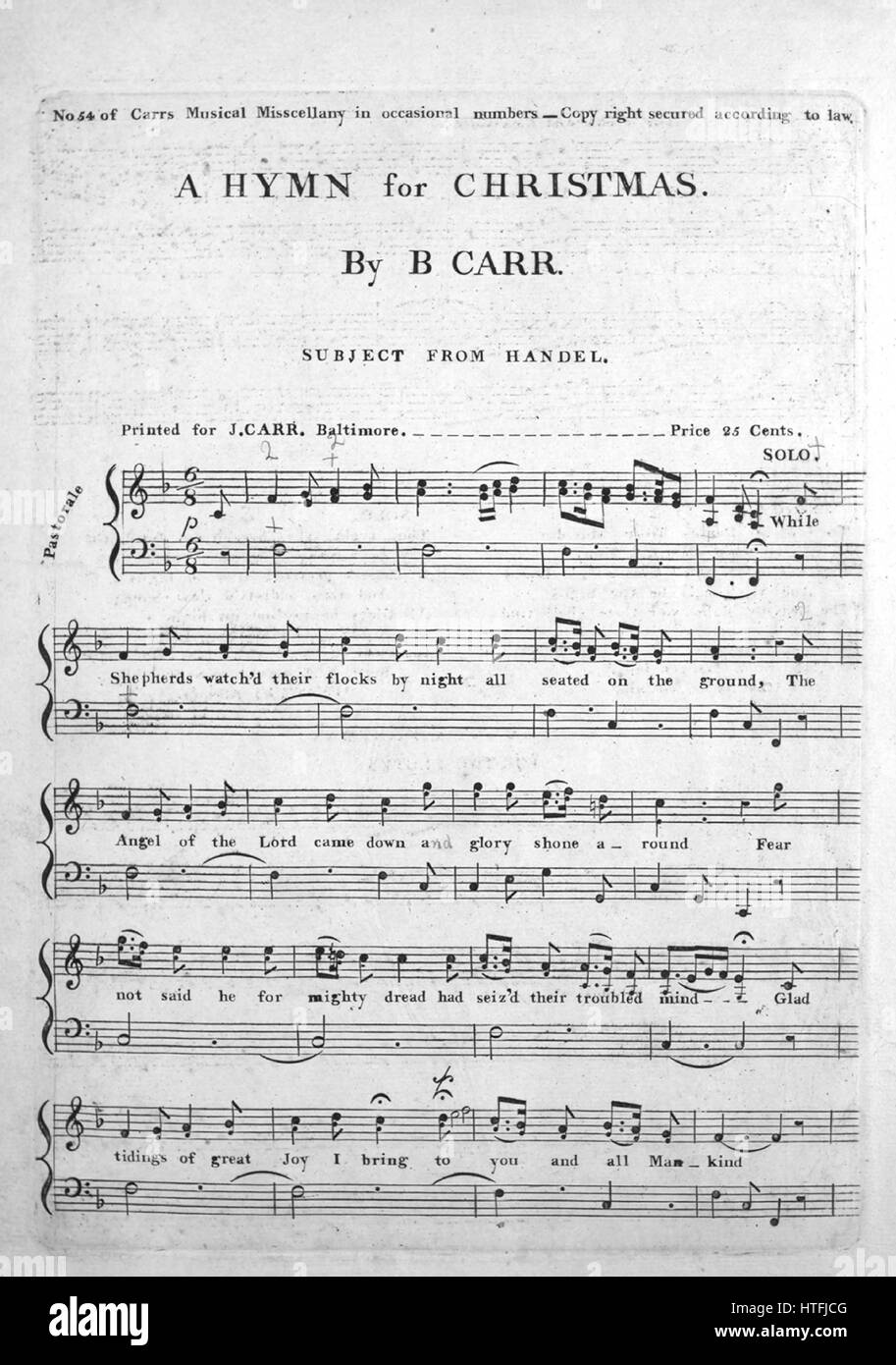 Foglio di musica immagine copertina della canzone "un canto di Natale', con  paternitã originale lettura delle note "da B Carr oggetto da Handel', Stati  Uniti, 1900. L'editore è elencato come 'Carr's Music