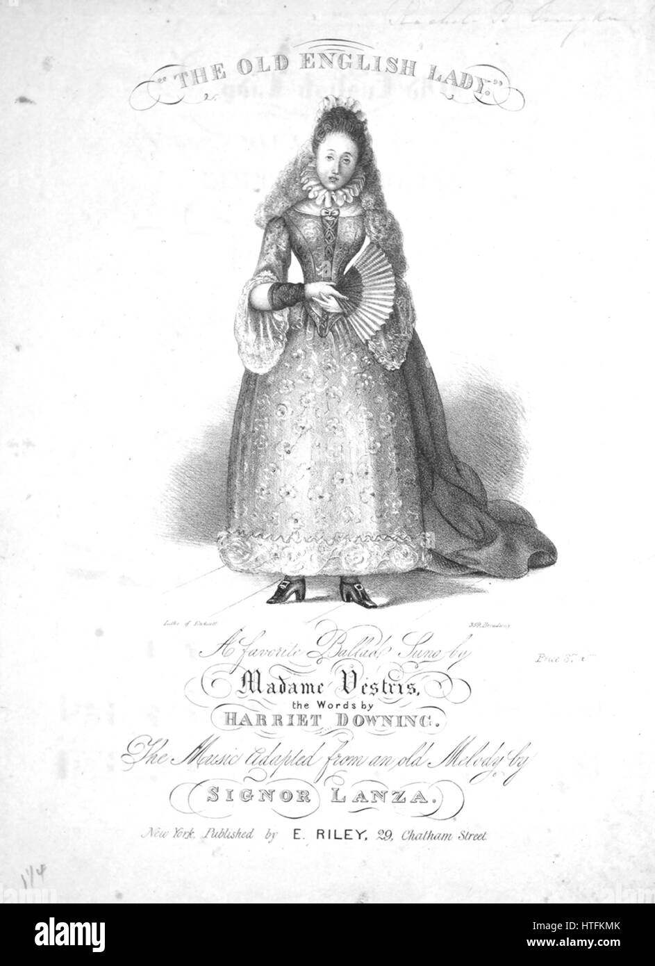 Foglio di musica immagine copertina della canzone "La vecchia signora inglese di una ballata Preferiti', con paternitã originale lettura delle note " le parole da Harriet Downing la musica adatta da un vecchio Melody dal Signor Lanza', Stati Uniti, 1900. L'editore è elencato come "E. Riley, 29 Chatham Street', la forma della composizione è 'strofico con chorus', la strumentazione è 'pianoforte e voce", la prima riga visualizza " egli guarda avevo un letto Queen in forma e volto, di discesa elevata giunse', e l'illustrazione artista è elencato come 'Litho. Di Endicott, 359 Broadway.". Foto Stock