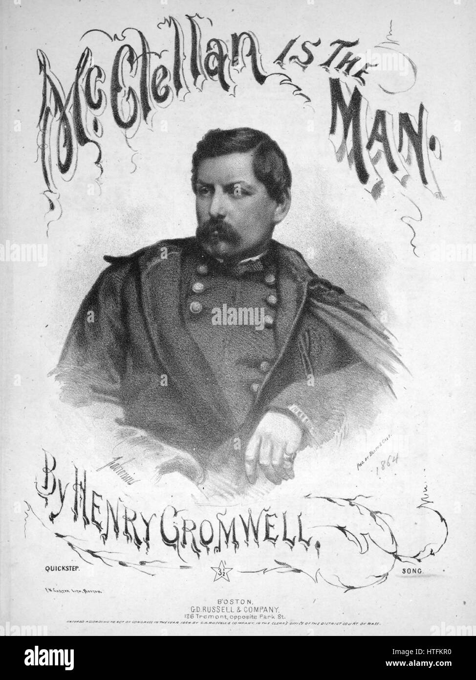 Foglio di musica immagine copertina della canzone "cClellan è l'uomo", con paternitã originale lettura note 'poesia da Charley Leighton; da Henry Cromwell', Stati Uniti, 1864. L'editore è elencato come 'G.D. Russell e società, 126 Tremont Street, di fronte al Parco San', la forma della composizione è 'strofico con coro SATB', la strumentazione è 'pianoforte e voce", la prima linea recita "cClellan è la nostra gioia e di orgoglio, evviva! Ragazzi, evviva!", e l'illustrazione artista è elencato come 'F.N. Carter Lith. Boston; Fabronius; Pho. Da Nero e caso'. Foto Stock