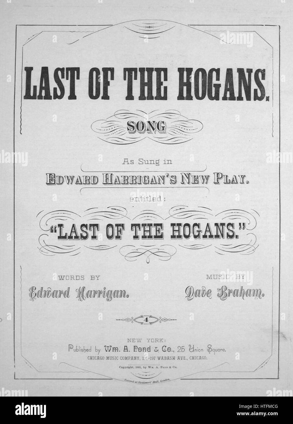 Foglio di musica immagine copertina della canzone 'ultimo della canzone Hogans', con paternitã originale lettura delle note "parole di Edward Harrigan musiche di Dave Braham', Stati Uniti, 1891. L'editore è elencato come 'Wm. A. stagno e Co., 25 Union Square, (Broadway, bet. Xv e xvi Sts.)', la forma della composizione è 'strofico con chorus', la strumentazione è 'pianoforte e voce", la prima linea recita "Oh elenco per la lode di una vecchia famiglia, storico Irish da Erin go bragh', e l'illustrazione artista è elencato come "J.M. Armstrong e Co. Musica tipografi,710 Sansom San, Phila.". Foto Stock