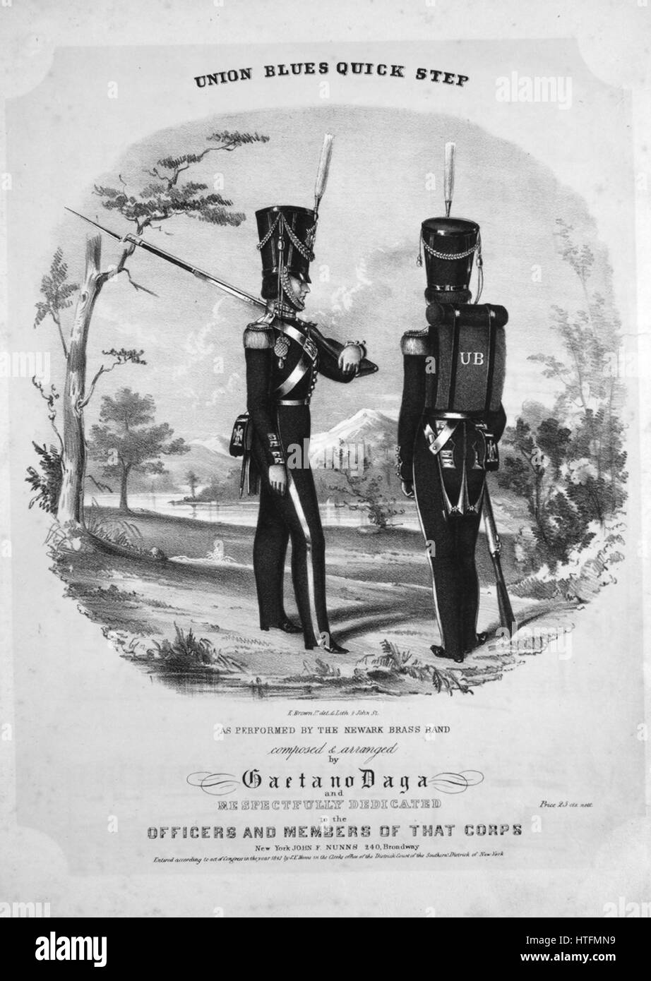 Foglio di musica immagine copertina della canzone "Unione Blues Quick Step', con paternitã originale lettura delle note "composto e arrangiato da Gaetano Daga', Stati Uniti, 1843. L'editore è elencato come 'John F. Nunns, 240 Broadway', la forma della composizione è 'da capo con il trio', la strumentazione è 'piano', la prima riga indica 'Nessuno', e l'illustrazione artista è elencato come "E. Brown Jr. del. e Lith. 4 San Giovanni". Foto Stock