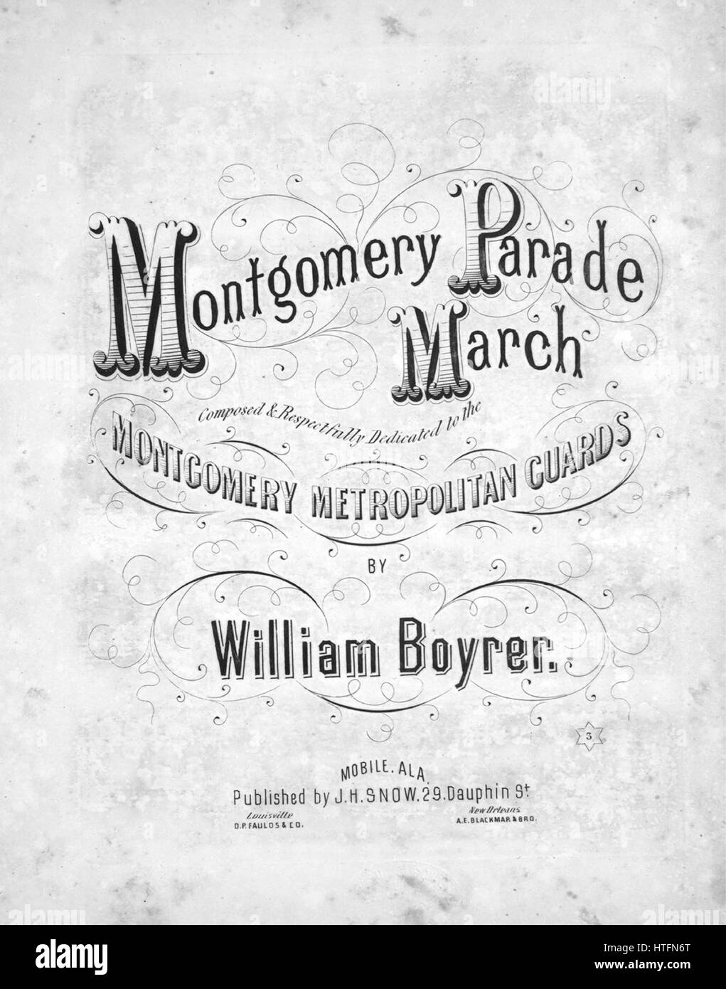 Foglio di musica immagine copertina della canzone "ontgomery Parade marzo", con paternitã originale lettura delle note "composto da William Boyrer', 1861. L'editore è elencato come 'J.S. Neve, 29 Dauphin Sant', la forma della composizione è 'a capo', la strumentazione è 'piano', la prima riga indica 'Nessuno', e l'illustrazione artista è elencato come 'Nessuno'. Foto Stock