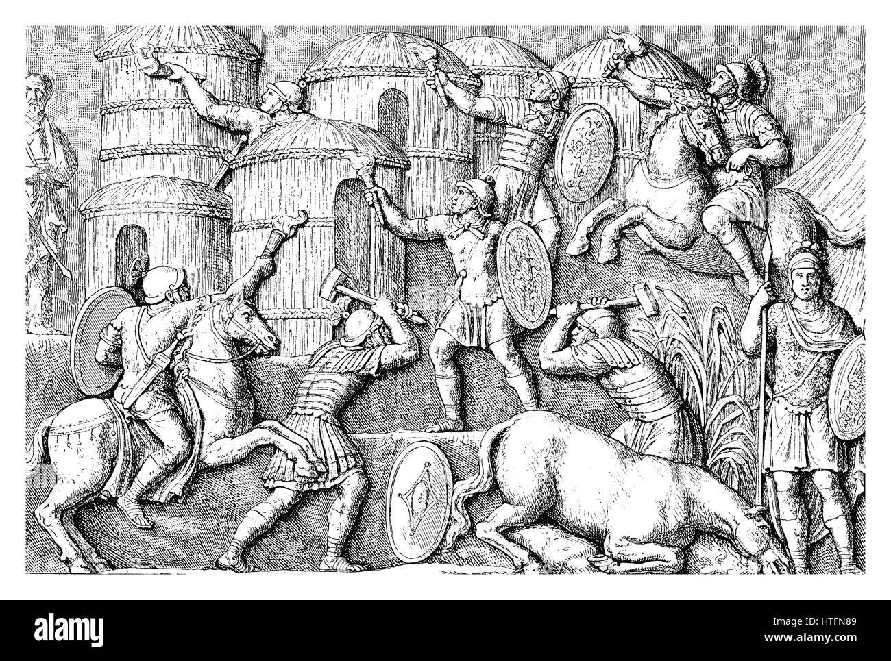 Incisione Vintage che rappresenta la distruzione di un villaggio tedesco da parte di soldati romani, scene scolpite sulla Vittoria Colonna di Marco Aurelio a Roma (II secolo) Foto Stock