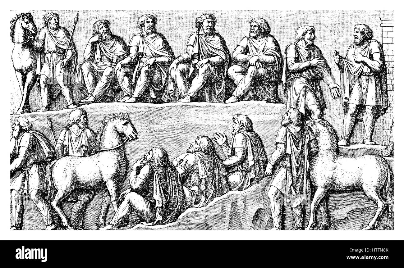 Incisione Vintage in rappresentanza del Consiglio tedesco della guerra, scene scolpite sulla Vittoria Colonna di Marco Aurelio a Roma (II secolo) Foto Stock