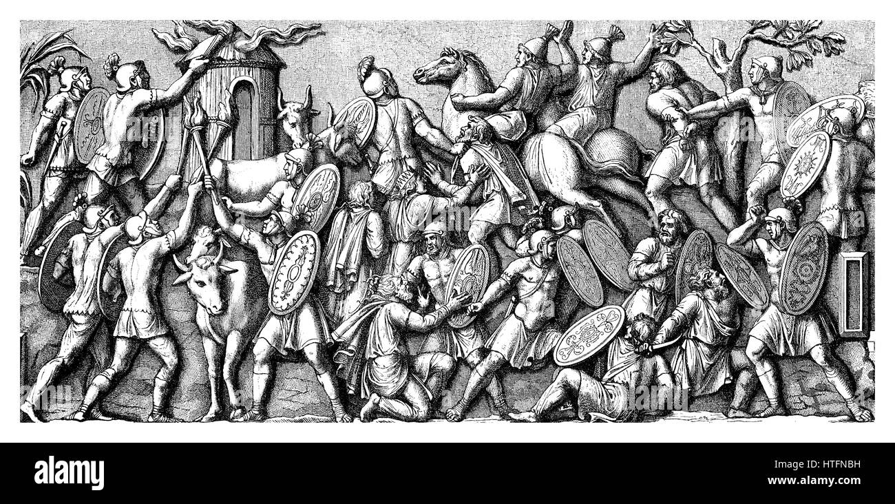 Incisione Vintage che rappresenta la distruzione di un villaggio tedesco e il popolo massacro da parte di soldati romani, scene scolpite sulla Vittoria Colonna di Marco Aurelio a Roma (II secolo) Foto Stock