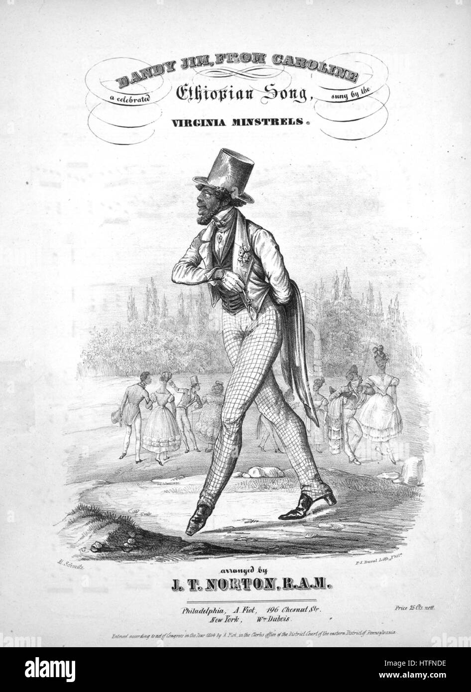Foglio di musica immagine copertina della canzone "andy Jim, da Caroline una celebre canzone etiope', con paternitã originale lettura delle note "disposti da JT Norton, RAM', Stati Uniti, 1844. L'editore è elencato come "A. Fiot, 196 Chesnut Str.', la forma della composizione è 'strofico con chorus', la strumentazione è 'pianoforte e voce", la prima linea recita "ho spesso sentito dire ob tardi, Dat souf Carolina era stato de', e l'illustrazione artista è elencato come 'M. Schmitz. P.S. Duval Lith. Phila.". Foto Stock