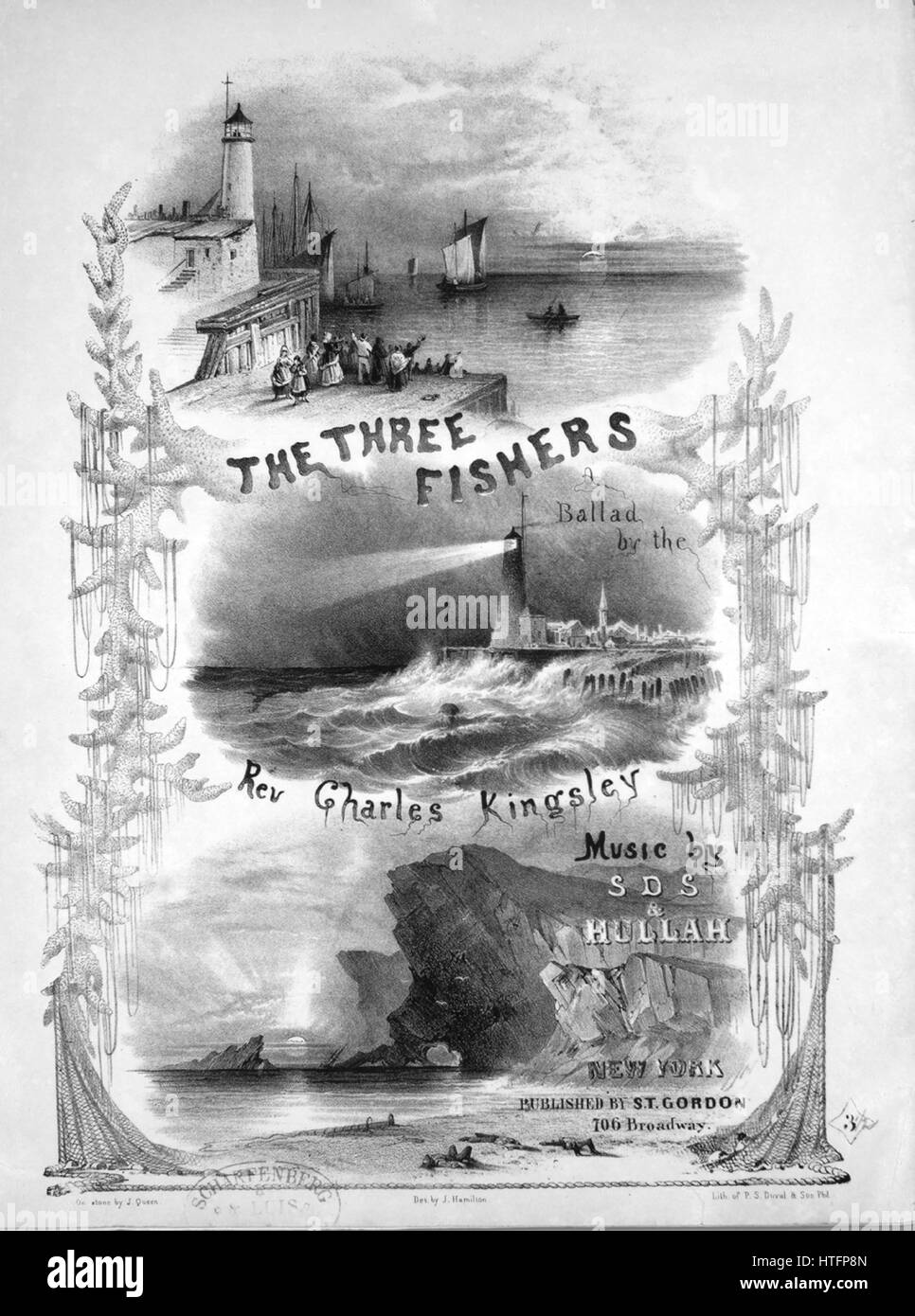 Foglio di musica immagine copertina della canzone 'tre pescatori Die Drei Fischer, una ballata', con paternitã originale lettura delle note "dall'Rev Charles Kingsley musica mediante SDS e Hullah', Stati Uniti, 1856. L'editore è elencato come 'S.T. Gordon, 706 Broadway', la forma della composizione è 'strofico con chorus', la strumentazione è 'pianoforte e voce", la prima riga indica 'tre pescatori sono andati fuori a vela in Occidente", e l'illustrazione artista è elencato come 'su pietra da J. Regina; des. da J. Hamilton; lith. di P.S. Duval e figlio Phil.". Foto Stock