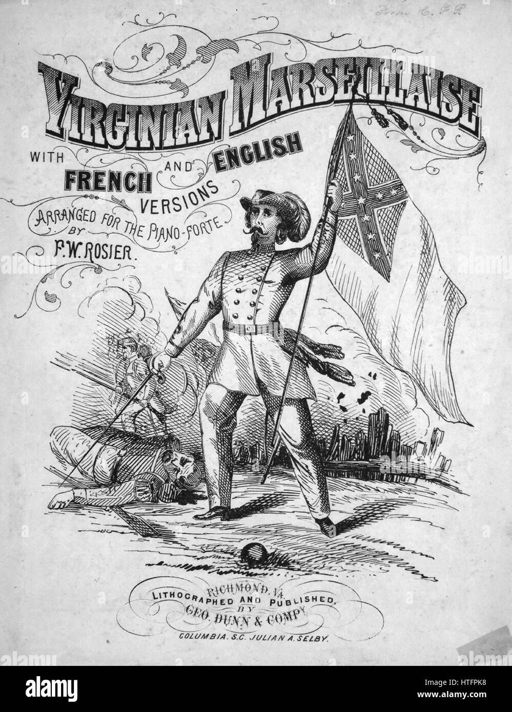 Foglio di musica immagine copertina della canzone 'Virginian Marsigliese con le versioni francese ed inglese', con paternitã originale lettura delle note "composto e arrangiato per voce e pianoforte Forte da FW Rosier', 1863. L'editore è elencato come 'litografato e pubblicato da Geo. Dunn e Co., P.O. Box 991', la forma della composizione è 'strofico con chorus', la strumentazione è 'pianoforte e voce", la prima linea recita "Virginia sente la terribile citazione, suonando hoarsely da lontano", e l'illustrazione artista è elencato come 'Nessuno'. Foto Stock