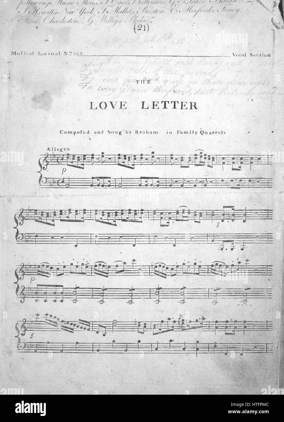 Foglio di musica immagine copertina della canzone "La lettera d'amore", con paternitã originale note "lettura composta da Braham', Stati Uniti, 1900. L'editore è elencato come 'Carr e Schetky', la forma della composizione è 'attraverso-composto', la strumentazione è 'pianoforte e voce", la prima linea recita "Hark dove marziale suona musica lontani dalla pace di gloria", e l'illustrazione artista è elencato come 'Nessuno'. Foto Stock