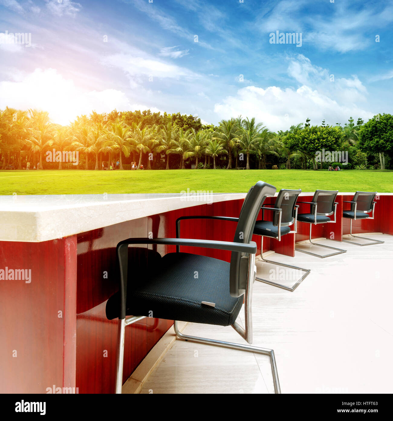 Conferenza tavoli e sedie sul tappeto erboso tropicali(immagine composita) Foto Stock