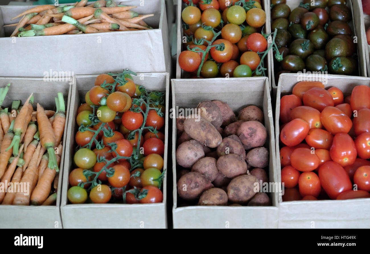 Cesto di verdure pulite, carote, pomodoro, patata show alla sicurezza fiera agricola, Vietnam prodotto agricolo ricco di vitamina A, c, un bene per la salute di un Foto Stock