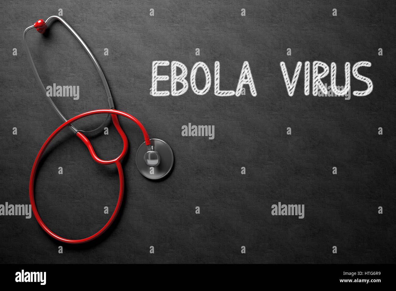 Lavagna nera con virus Ebola - concetto medico. Concetto medico: virus Ebola manoscritta su lavagna. Vista superiore del rosso su uno stetoscopio Chal Foto Stock