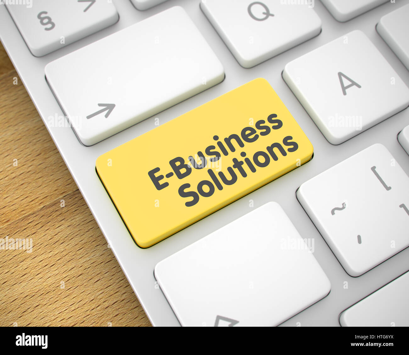 In alluminio sottile Tastiera mostra il testo E-Business Solutions. Messaggio sulla tastiera il tasto giallo. Il servizio online di concetto - Soluzioni E-Business sul Foto Stock