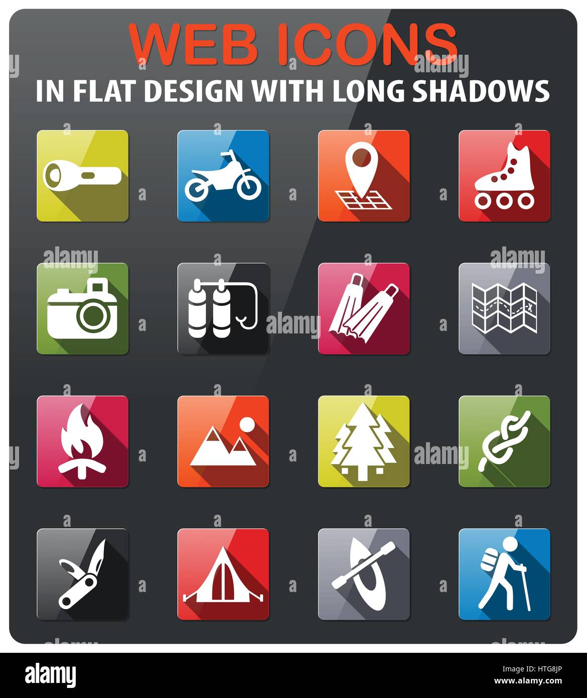 La ricreazione attiva set di icone in design piatto con lunga ombra Illustrazione Vettoriale