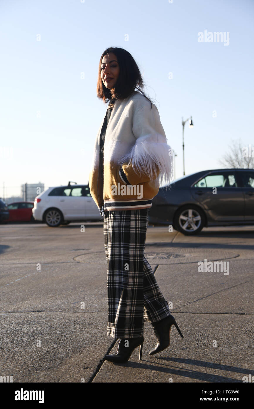 New York, Feb 2017 Fashionista durante la ny fashion week RTW FW 17-18 Donna .. Foto Stock