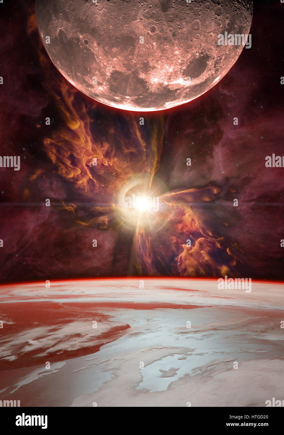 Composizione di fantasia di un sorgere della luna in tutto il pianeta Terra. Il V1331Cyg stella brilla oltre la farfalla nebulosa. Gli elementi di questa immagine fornita dalla NASA. Foto Stock