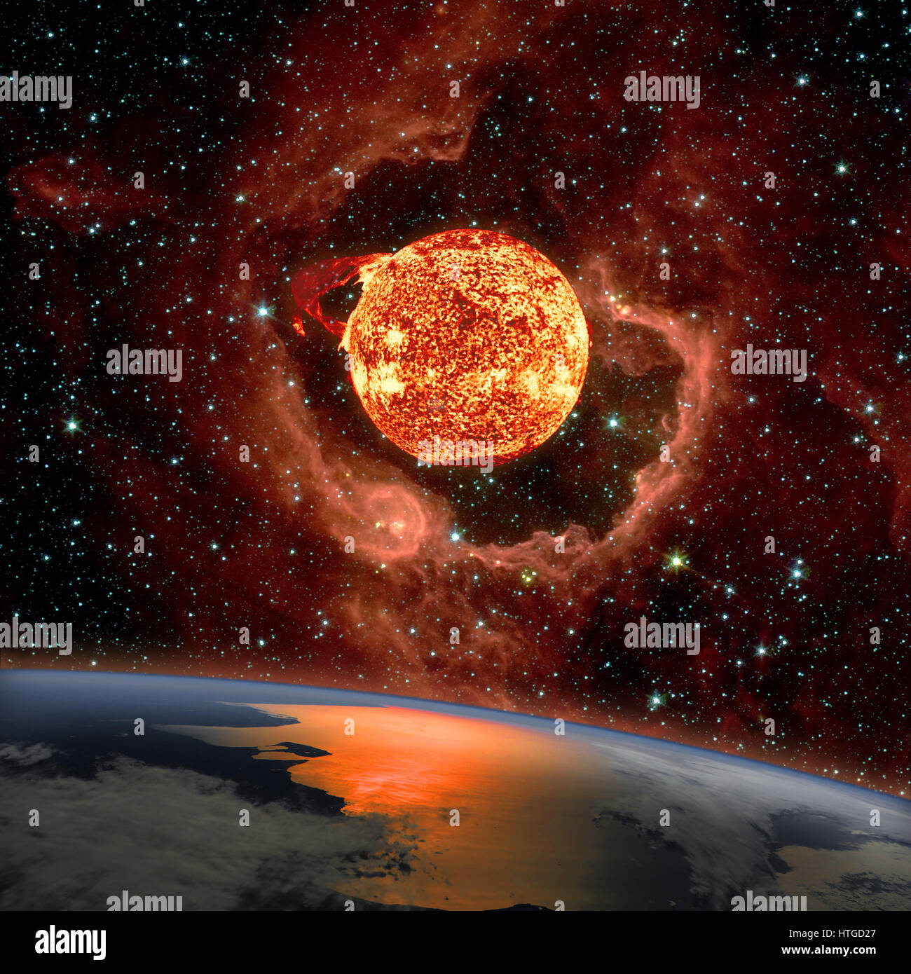 Alba sul pianeta Terra. Il sole in eruzione compare sull'RCW 79 nel sud della Via Lattea nella costellazione del Centauro in background. Eleme Foto Stock
