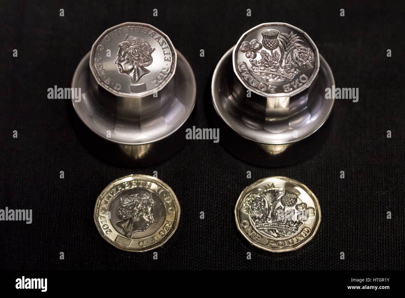 Llantrisant, nel Galles del Sud, Regno Unito. Il 14 marzo 2017. Il Royal Mint. Utensili di monete di morire. Utilizzato per premere il nuovo £ 1 moneta che entrerà in circolazione il 28 marzo. © Guy Corbishley/Alamy Live News Foto Stock