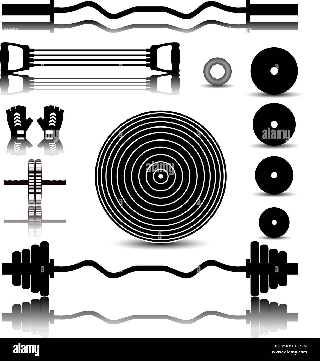 Set di icone con una immagine speculare di attrezzature sportive per la palestra, illustrazione vettoriale. Illustrazione Vettoriale