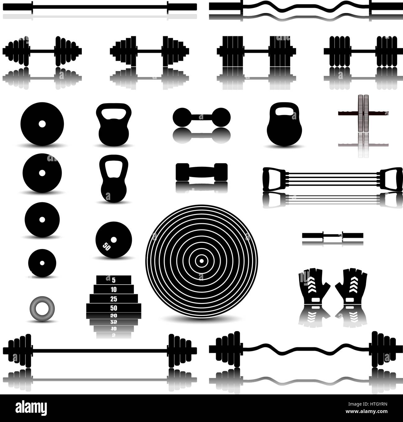 Set di icone con una immagine speculare di attrezzature sportive per la palestra, illustrazione vettoriale. Illustrazione Vettoriale