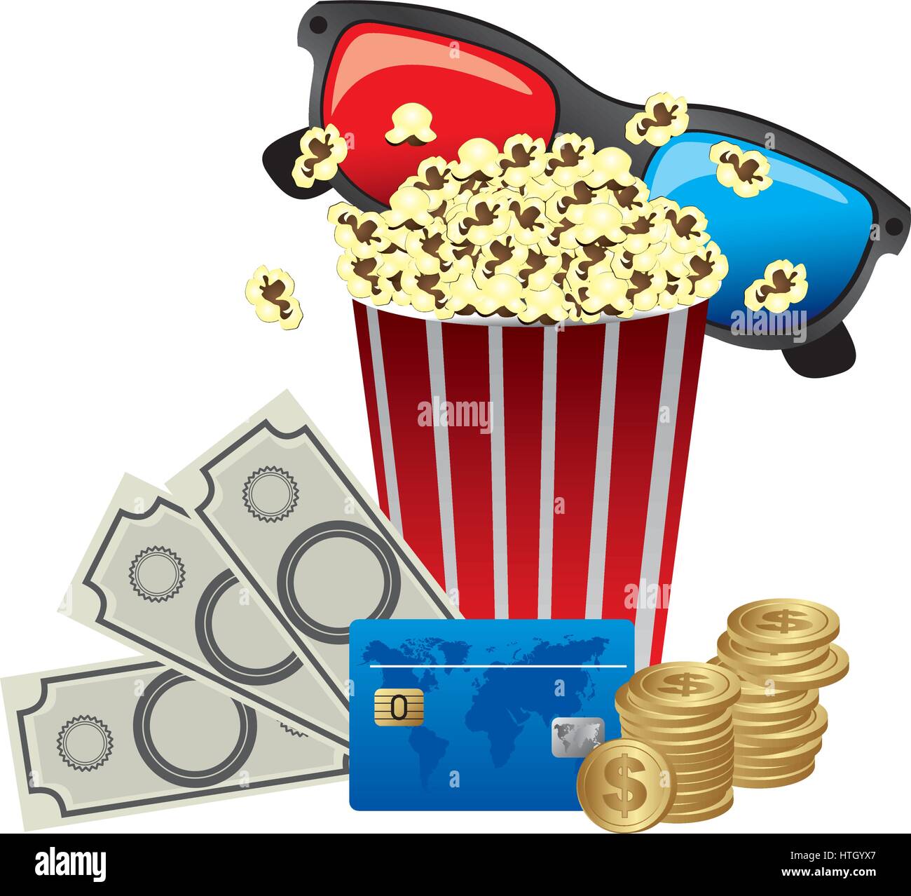 Pop corn, occhiali 3d e il denaro, l'icona Carta di credito Illustrazione Vettoriale