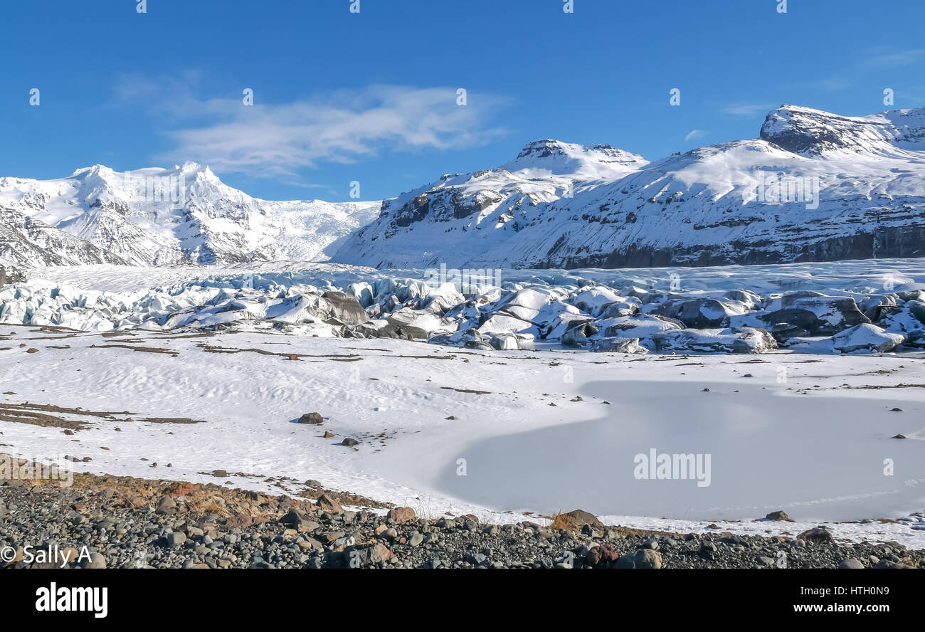Linguetta Svínafellsjökull ghiacciaio Vatnajokull, Skaftatell national park, Islanda, in inverno con cielo blu Foto Stock