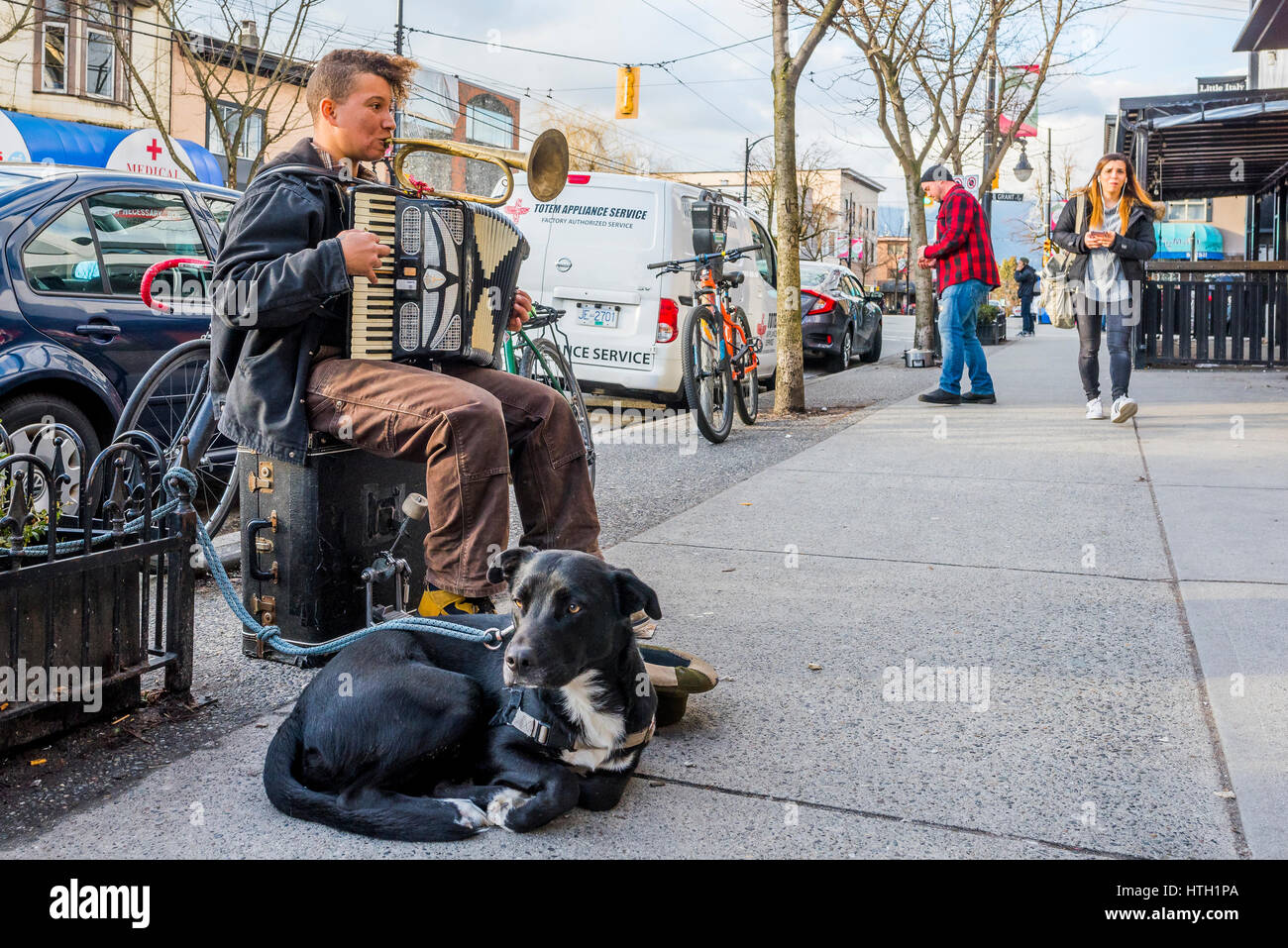 Donna musicista di strada, con formare fisarmonica e fedele cane, Vancouver, British Columbia, Canada. Foto Stock