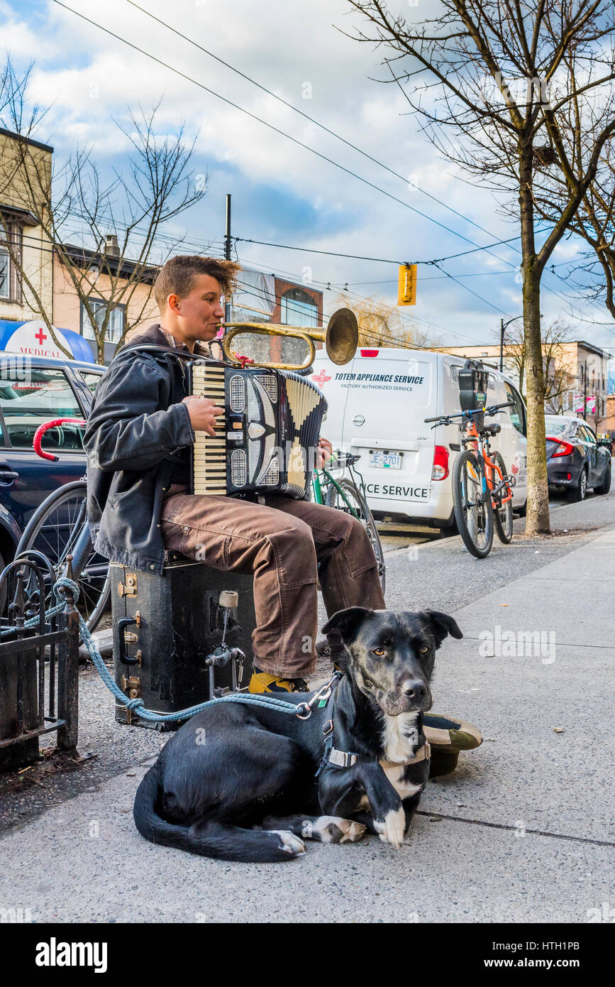Donna musicista di strada, con formare fisarmonica e fedele cane unità commerciali, Vancouver, British Columbia, Canada. Foto Stock