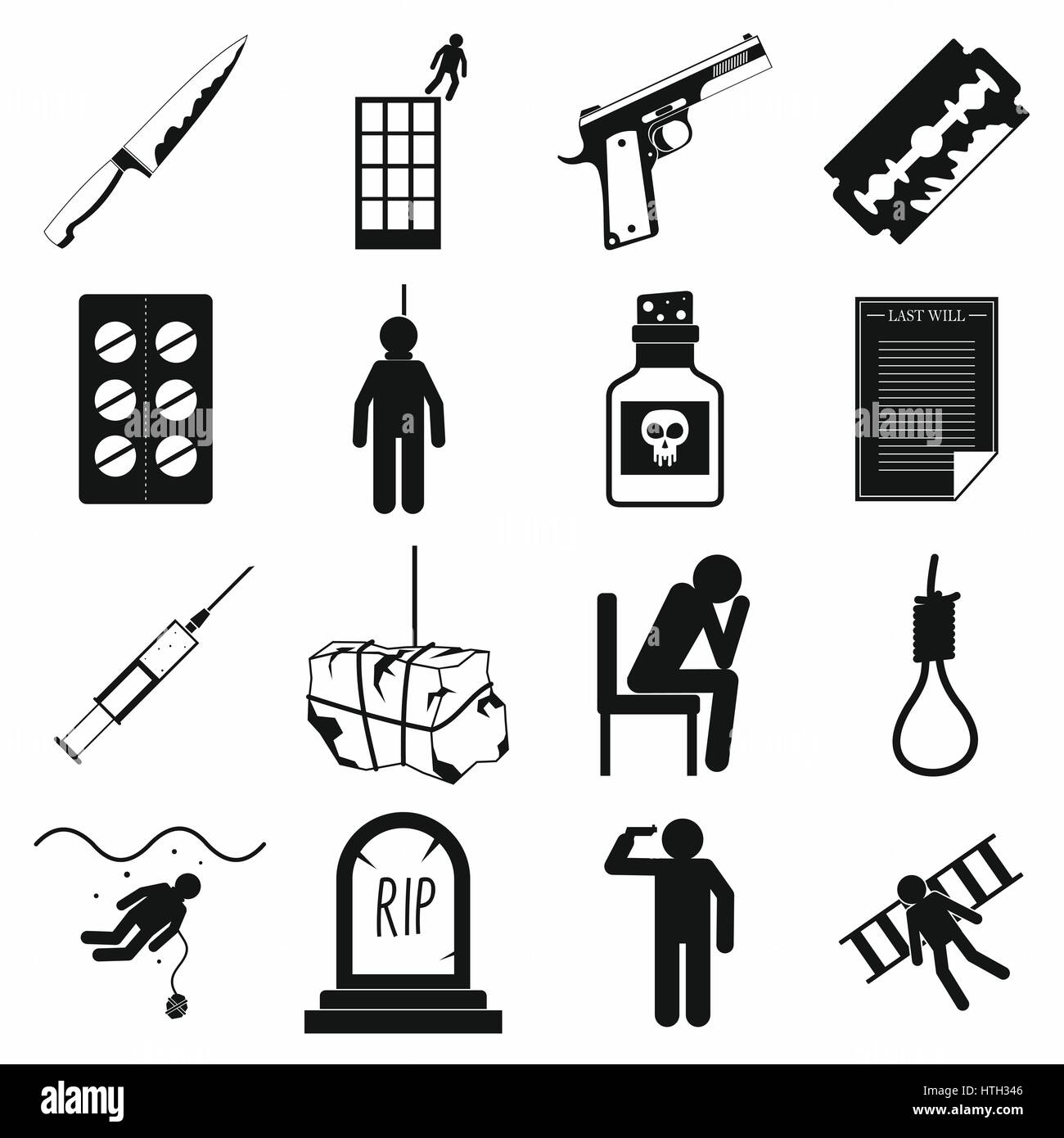 Suicidio set di icone, stile semplice Illustrazione Vettoriale