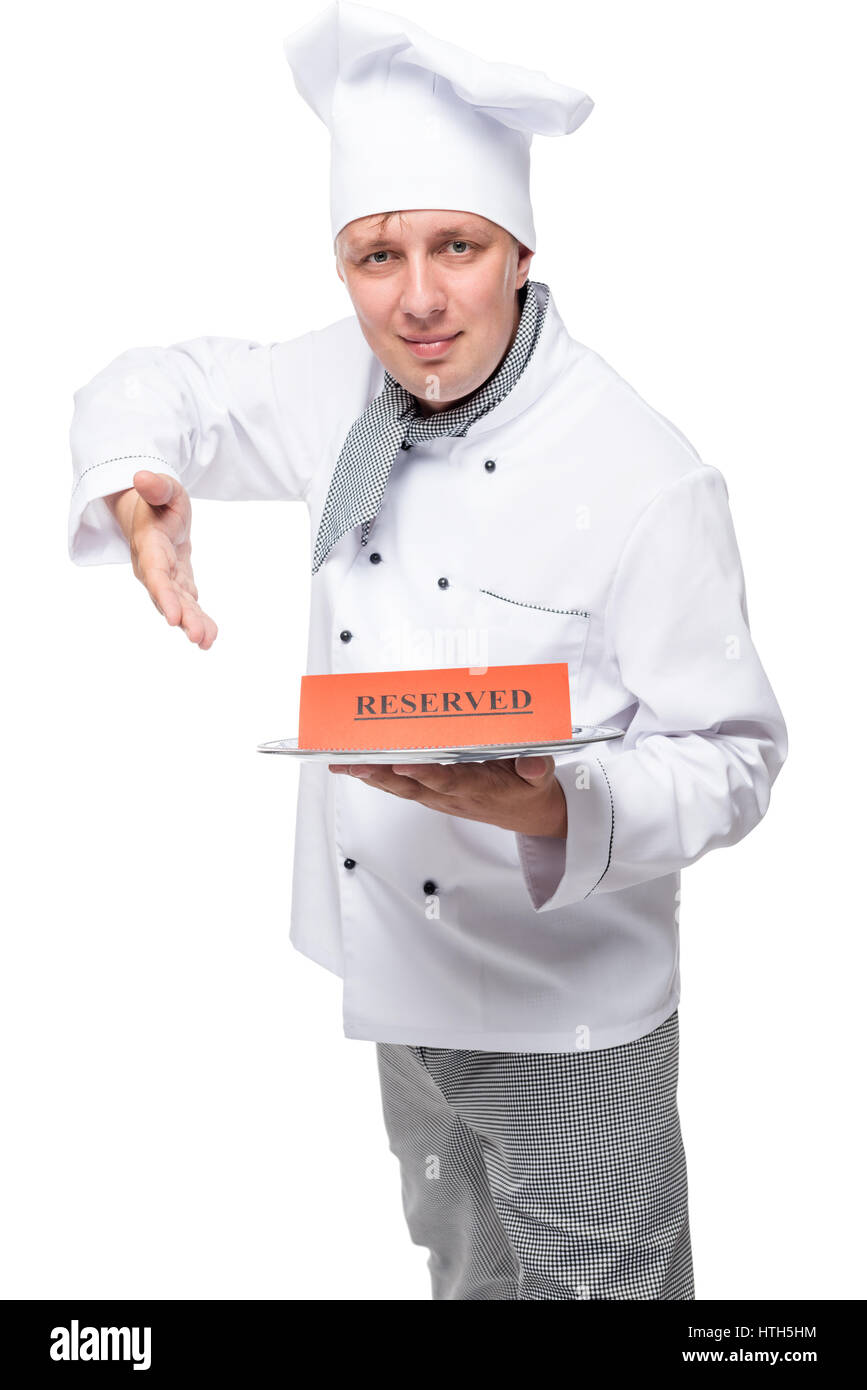 Ritratto verticale di un cook con una riserva su un vassoio isolati su sfondo bianco Foto Stock
