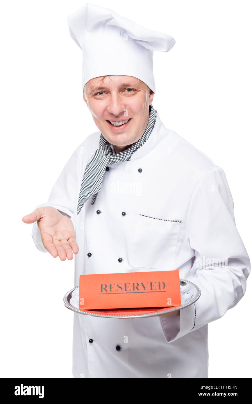 Chef con una riserva su un vassoio isolati su sfondo bianco Foto Stock