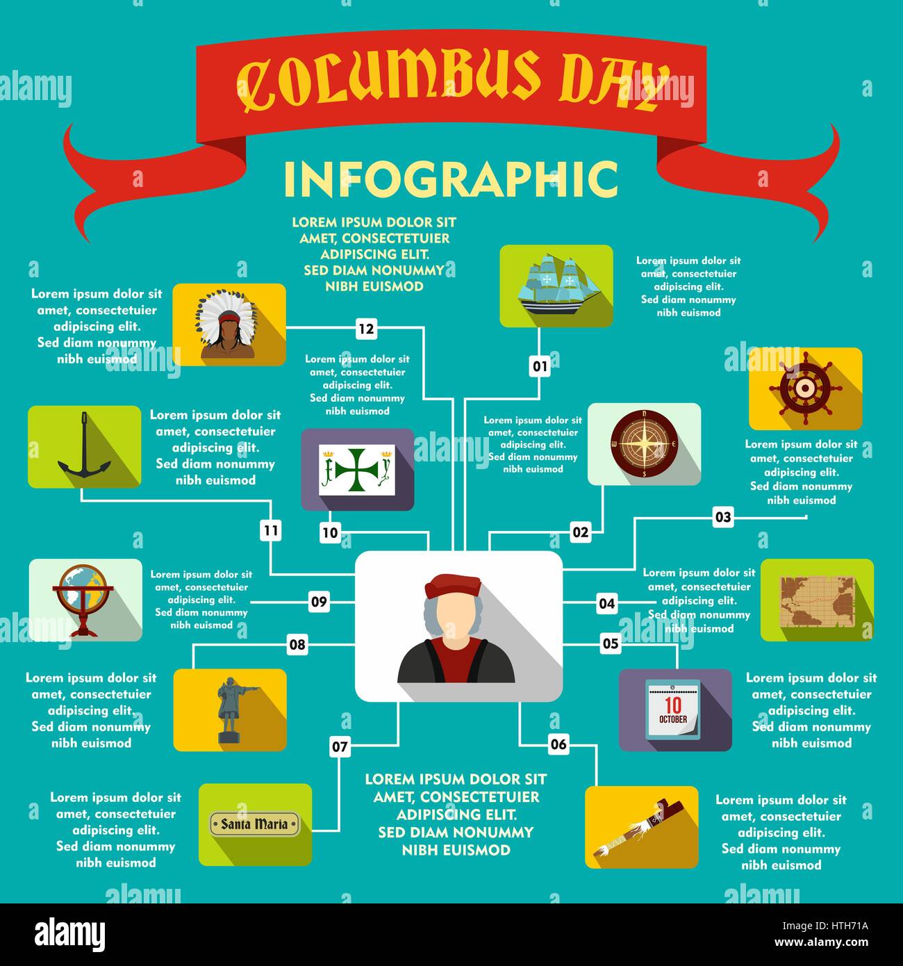 Il Columbus Day ed infografico, stile piatto Illustrazione Vettoriale