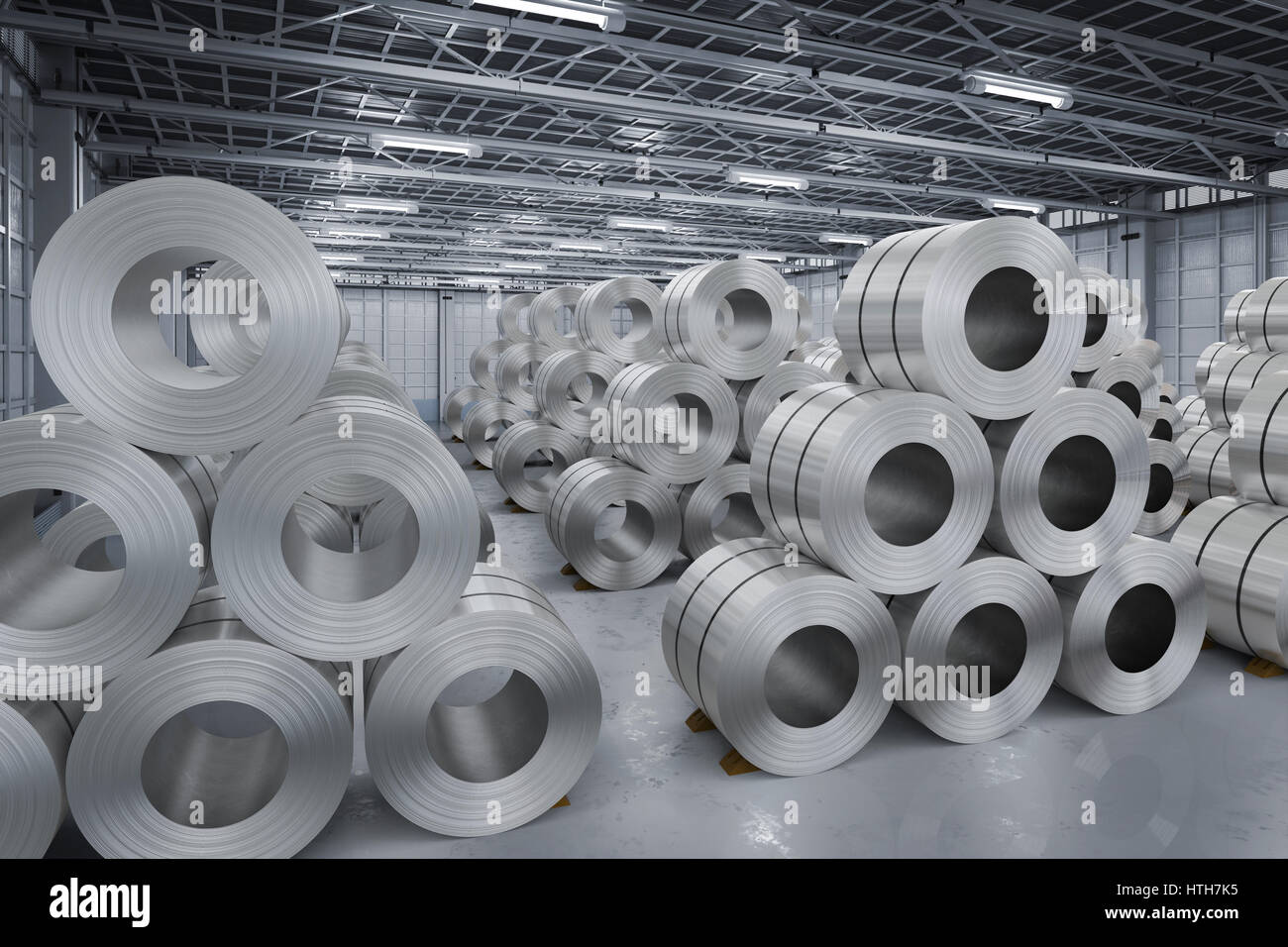 3D rendering bobina di lamiera di acciaio in fabbrica Foto Stock