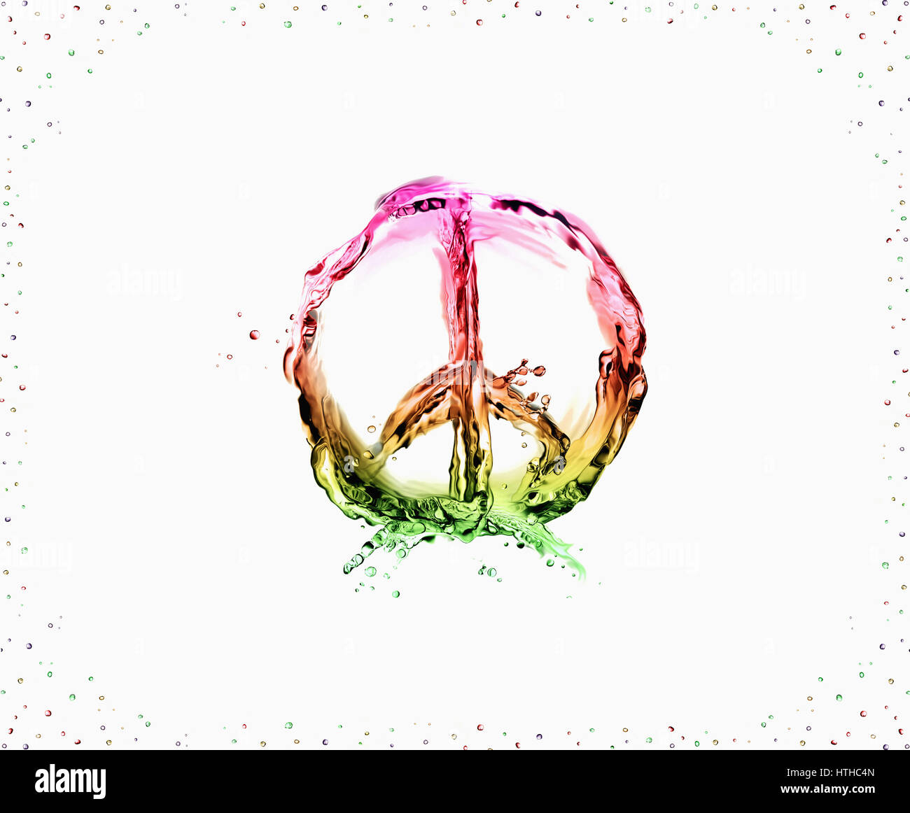 La Peace & Love symbol realizzati multicolore di liquido sul nero e incorniciato con bolle. Foto Stock