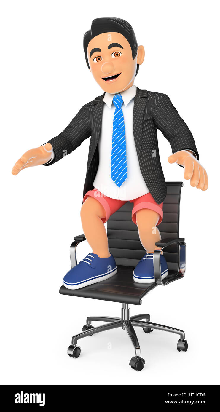 3d business persone illustrazione. Imprenditore in pantaloncini corti sulla sua sedia da ufficio. Concetto di vacanza. Isolato sullo sfondo bianco. Foto Stock