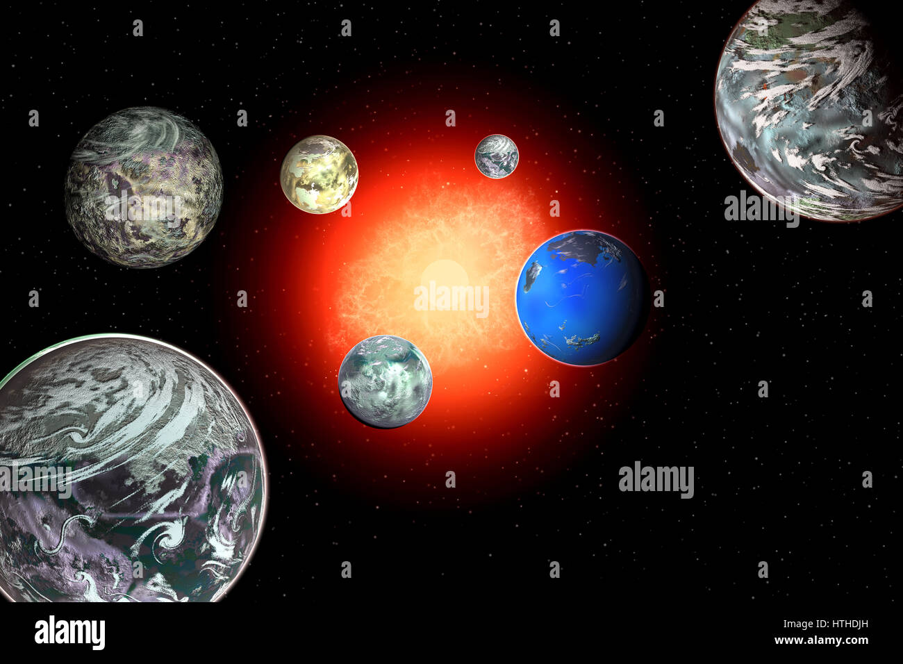 La stella nana sistema chiamato "Trappist' come 7 exoplanets orbitanti intorno ad esso. Foto Stock