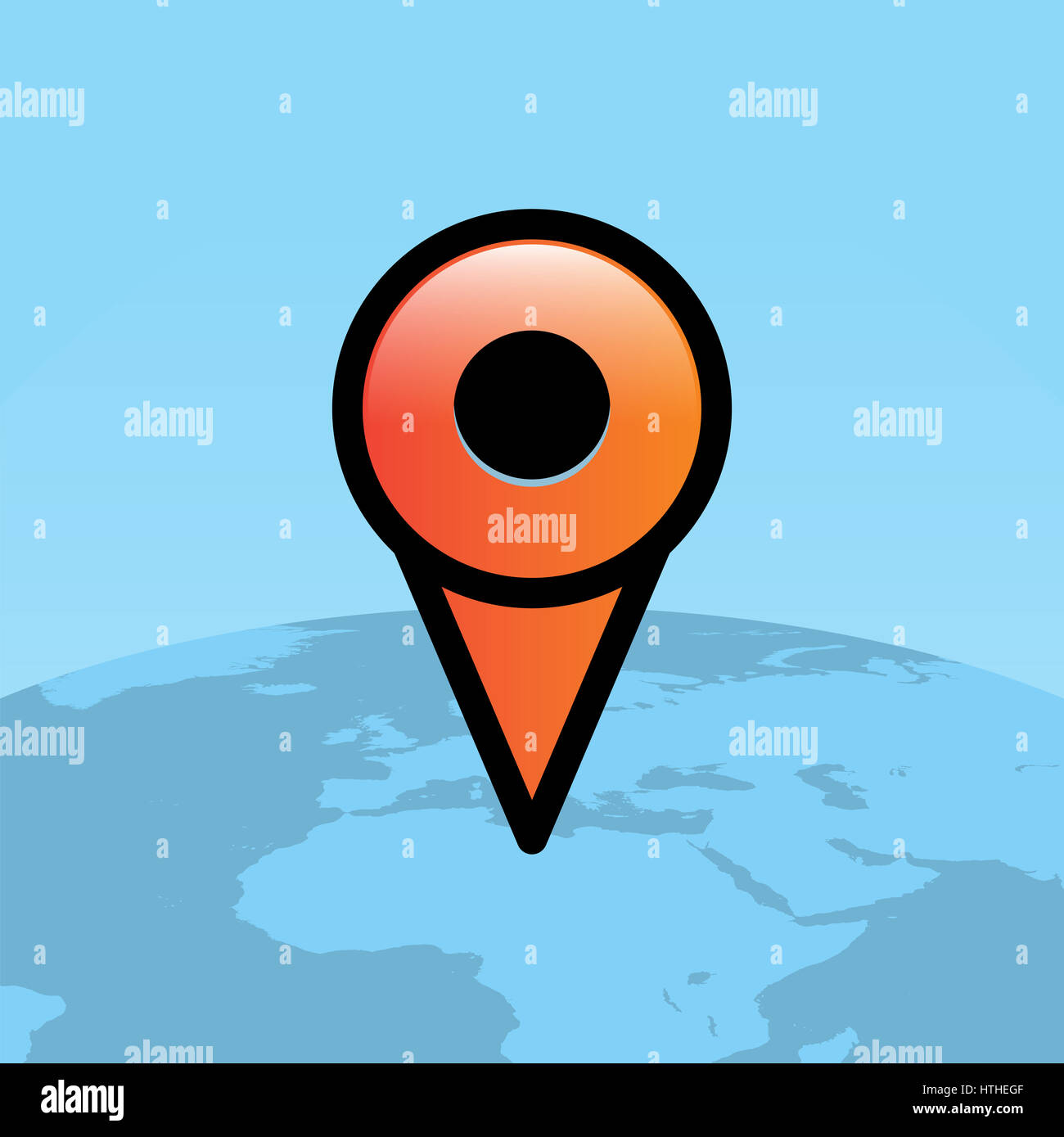 Un arancio ubicazione sulla mappa il pin su un globo del mondo rivolta verso l Africa illustrazione. EPS vettoriali 10 disponibili. Foto Stock