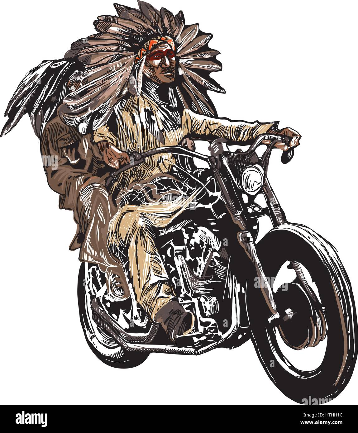 Un disegnati a mano, il vettore schizzi a mano libera. Native American giovane, amanti, guidare una moto. Nota - La moto non è specifico di marca - qualcosa come un c Illustrazione Vettoriale
