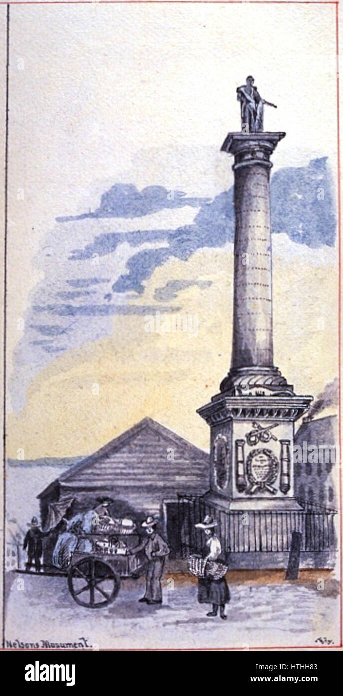 Nelson's Monument, situato a Edimburgo, in Scozia, commemora la vittoria dell'ammiraglio Horatio Nelson nella battaglia di Trafalgar nel 1805. Il monumento presenta una statua di Nelson e serve come tributo ai suoi successi navali e alla sua leadership. Foto Stock