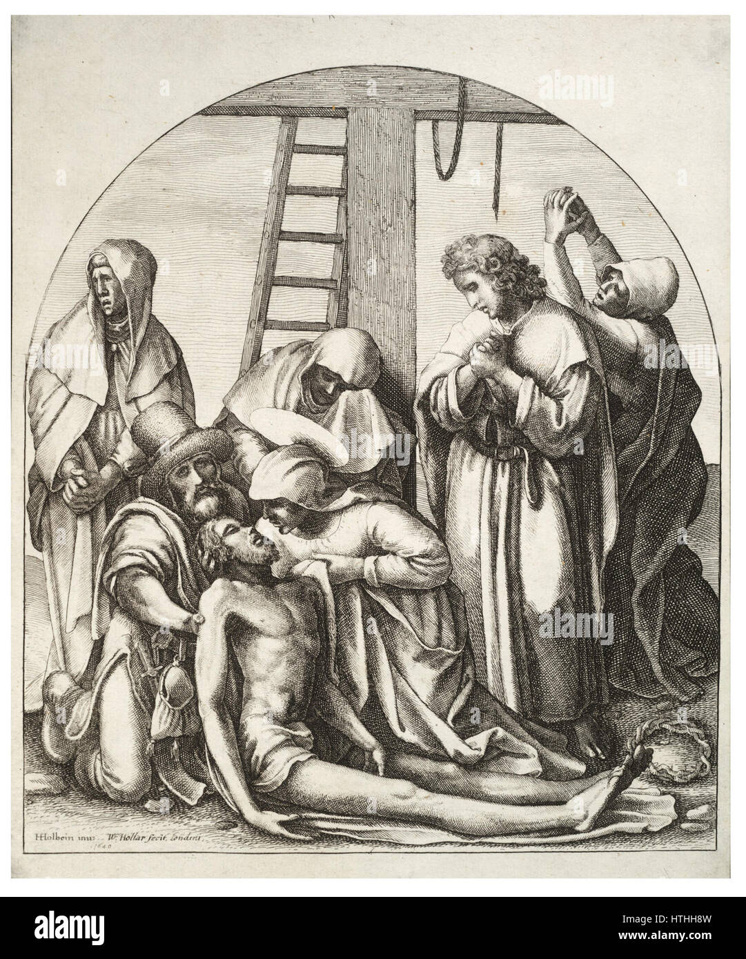 L'incisione di Wenceslas Hollar "Descent from the Cross" è basata sul famoso lavoro di Hans Holbein. Questa scena drammatica cattura il momento della discesa di Cristo dalla croce, mostrando l'abilità di Hollar nel riprodurre composizioni complesse con linee delicate e ombreggiature. Foto Stock