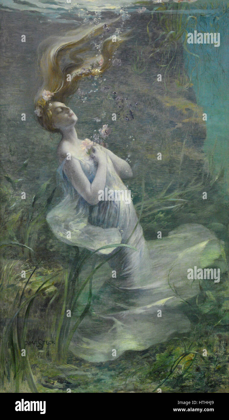 «Ophelie» di Paul Albert Steck è un ritratto romanticizzato di una donna in una posa simbolica e malinconica. Il dipinto riflette la capacità di Steck di catturare sfumature emotive e carattere, con la figura di Ophelie che incarna temi di amore, perdita e disperazione, spesso associati all'omonimo personaggio di Shakespeare. Foto Stock