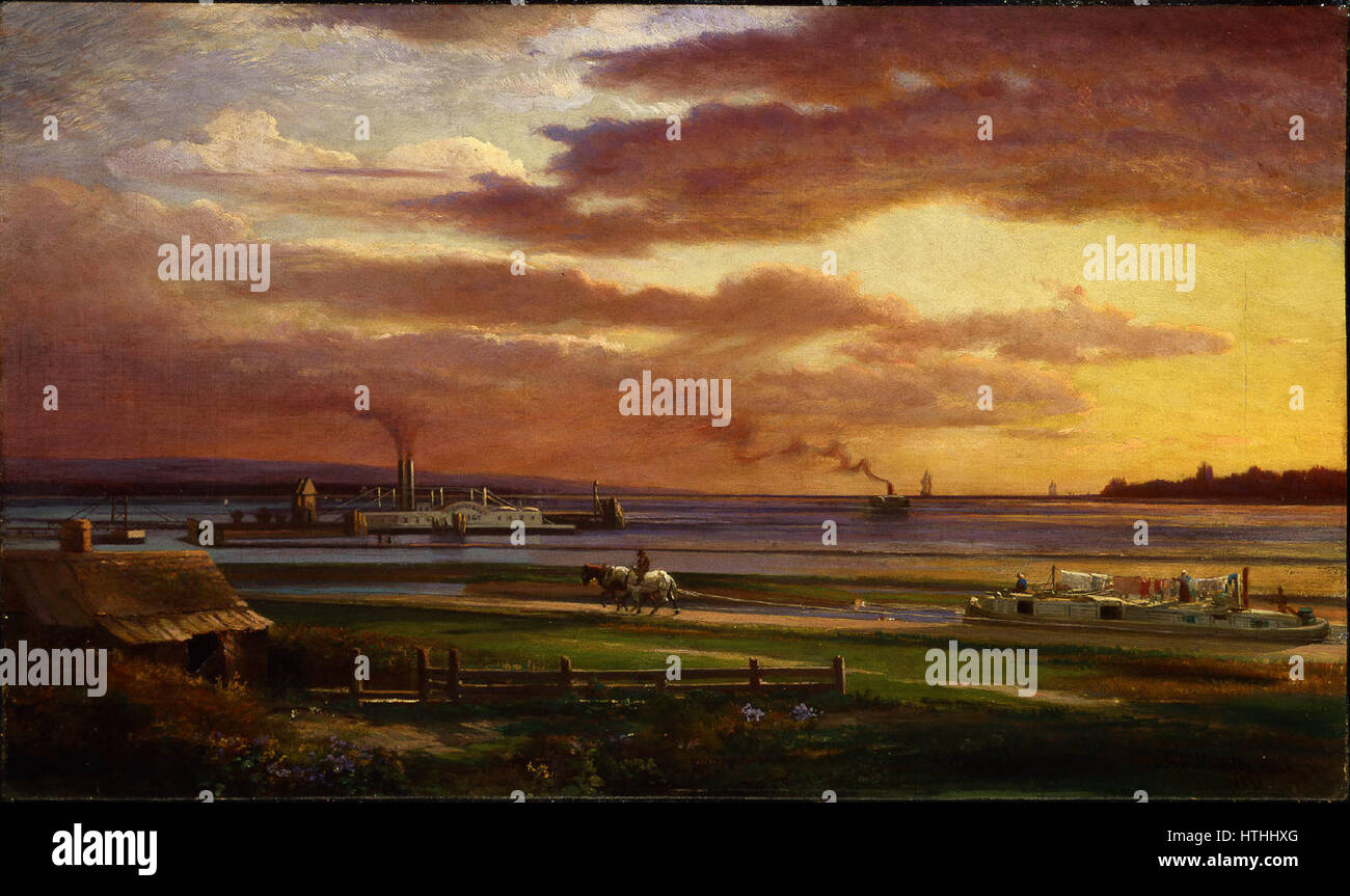 Il "Buffalo Harbor" di Lars Gustaf Sellstedt (1871) cattura il vivace porto di Buffalo, New York. Il dipinto evidenzia la natura dinamica del porto e l'attività del commercio e dei trasporti durante la fine del XIX secolo. Foto Stock