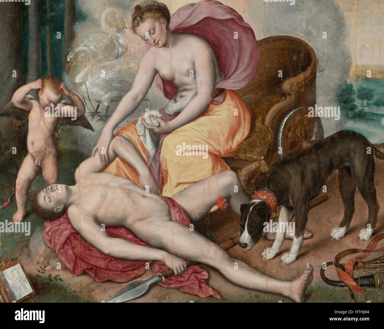 "Venere e Adone" di Marten de Vos è un dipinto del XVI secolo che raffigura la storia mitologica di Venere e del suo amante Adone. L'opera presenta una scena emotiva con Venere che tenta di impedire ad Adone di partire per una caccia, enfatizzando l'amore e la tragedia. Foto Stock